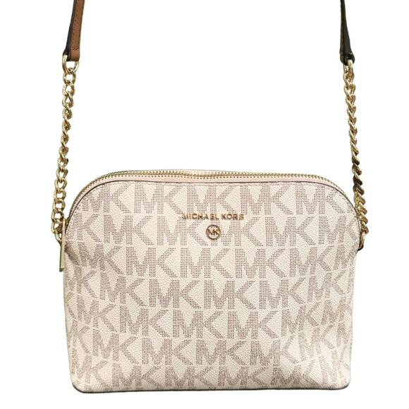 Michael Kors Classic Cream Logo Monogram Crossbody Gold Chain Shoulder Luxury - Picture 1 of 12